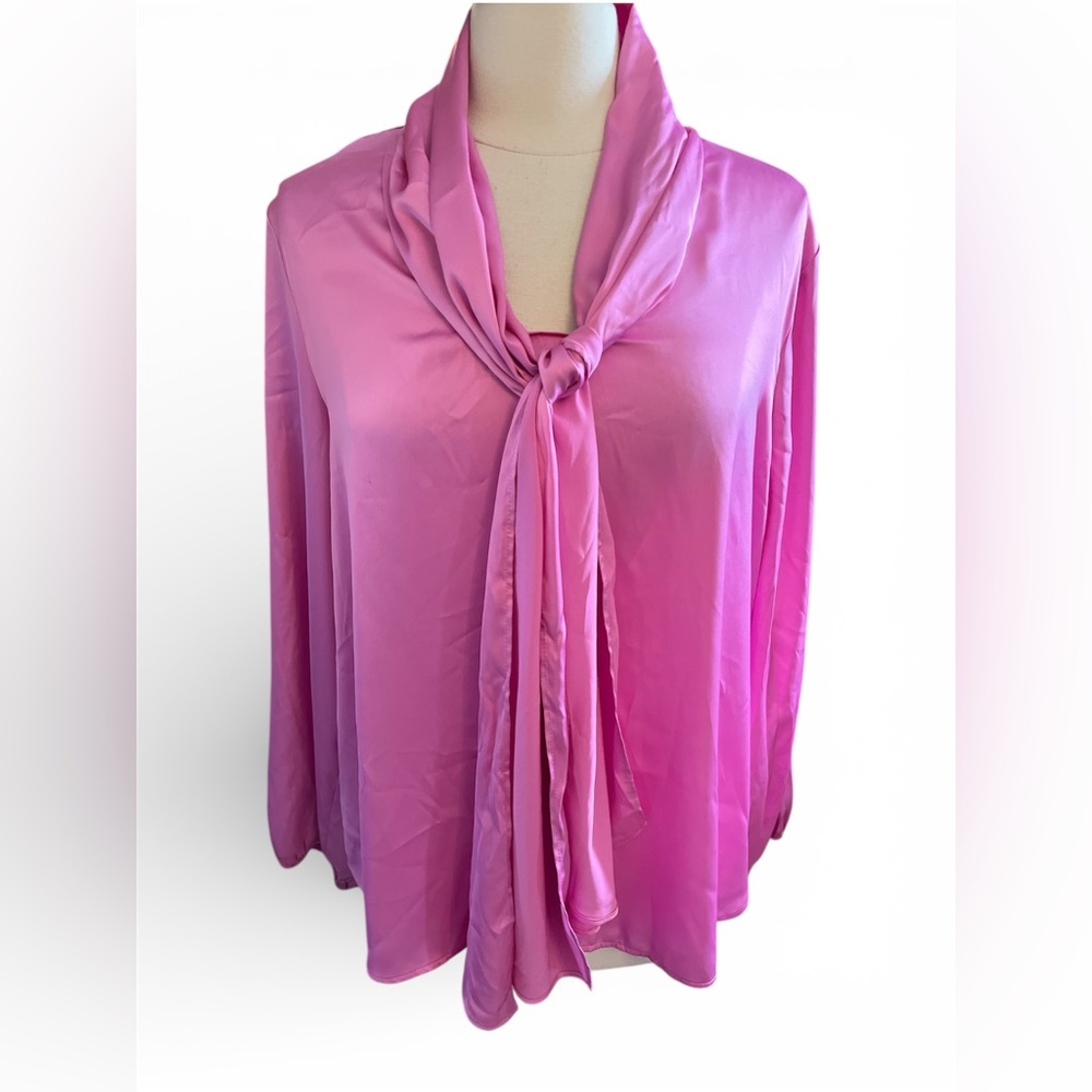 Bar III Vibrant Pretty in Pink Satin Blouse w/ neck tie & elastic cuffs size XXL - Picture 17 of 17